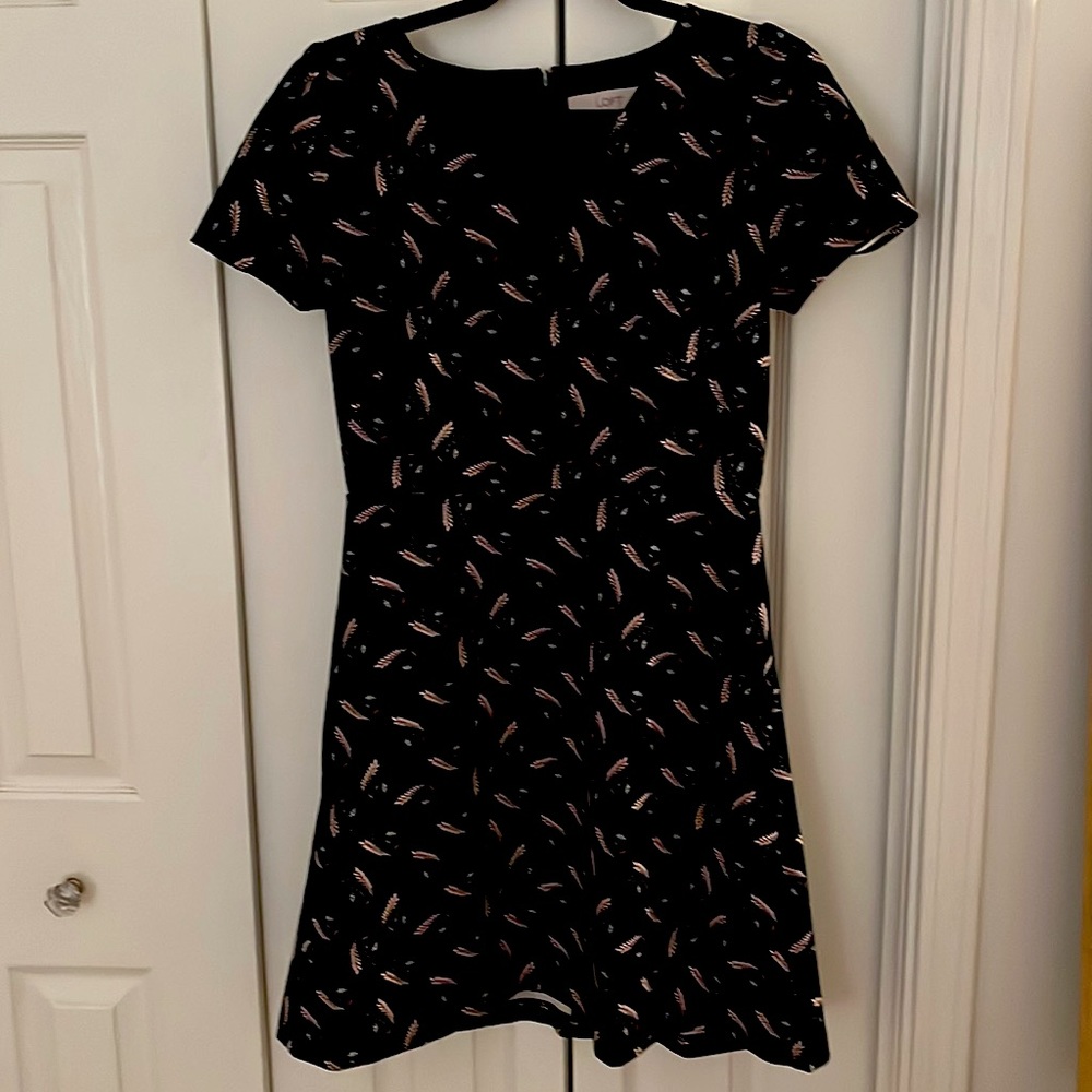 Ann Taylor Loft, navy feather patterned dress.